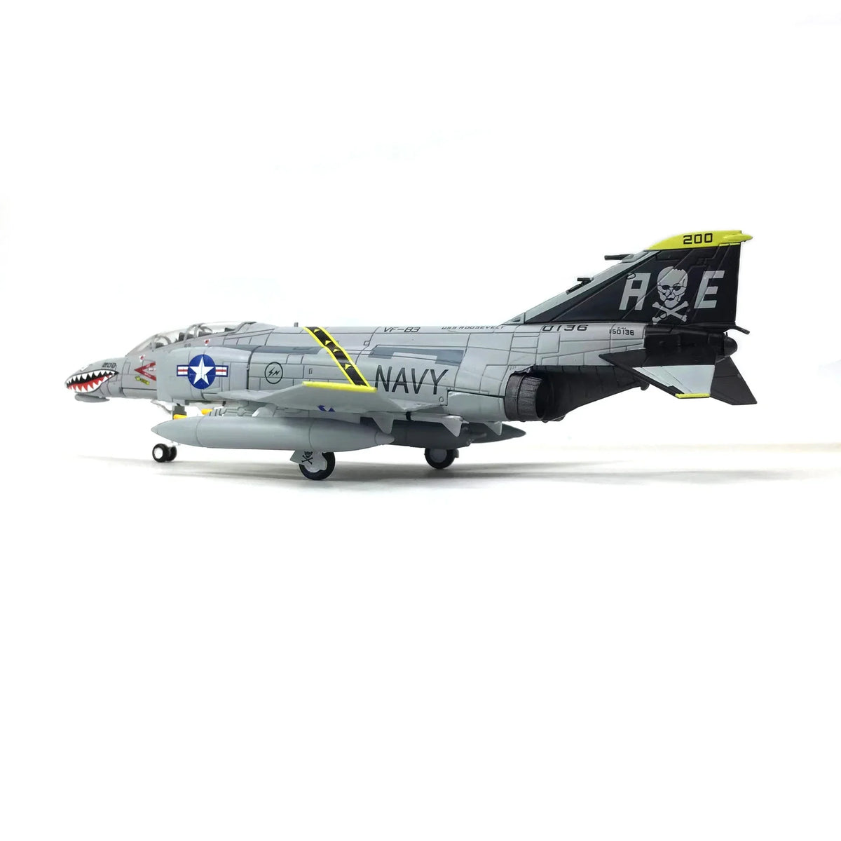NUOTIE Model F-4C Phantom II navy diecast aircraft model with stand, rear view.