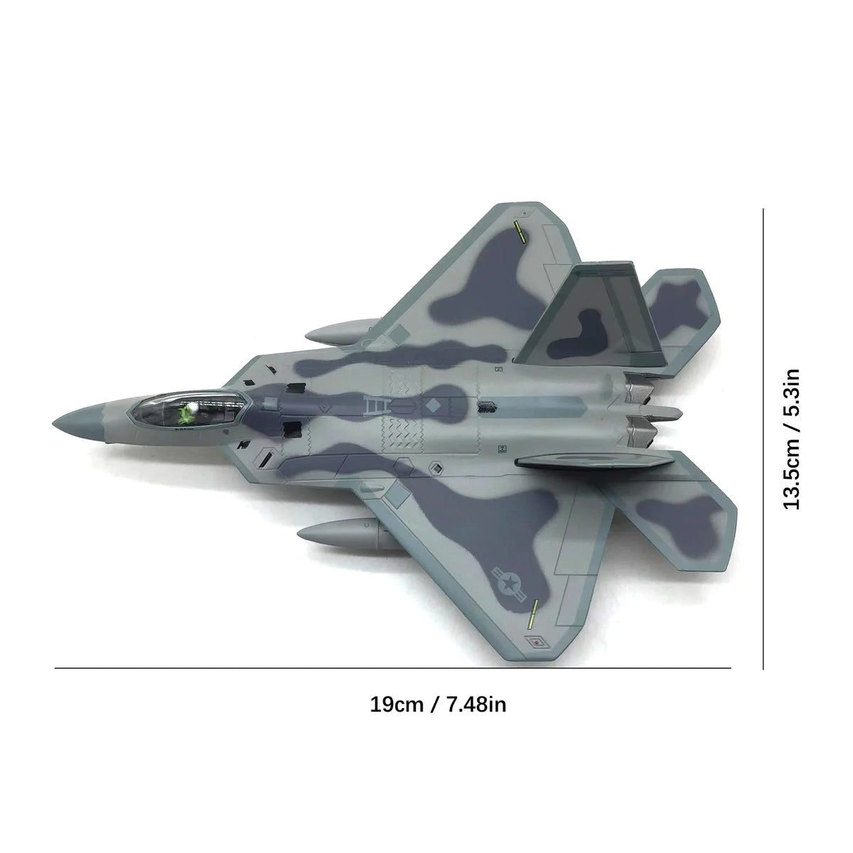 NUOTIE F-22 Raptor diecast model aircraft in gray camouflage, top view with dimensions