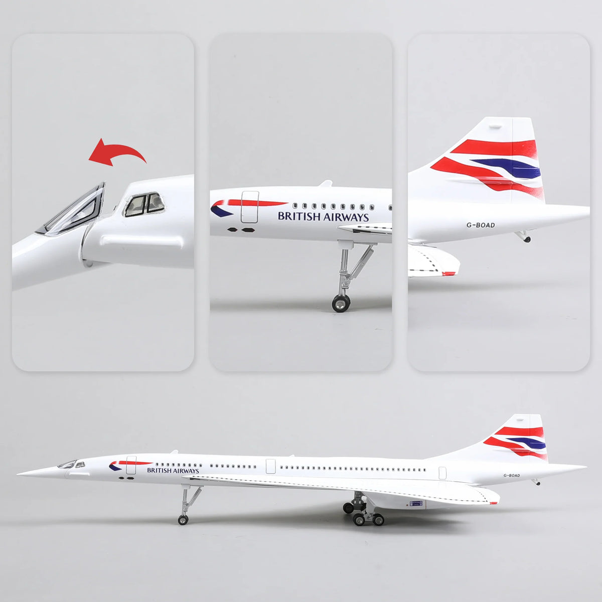 QIYUMOKE Concorde diecast airplane model with British Airways livery, detailed cockpit and side view