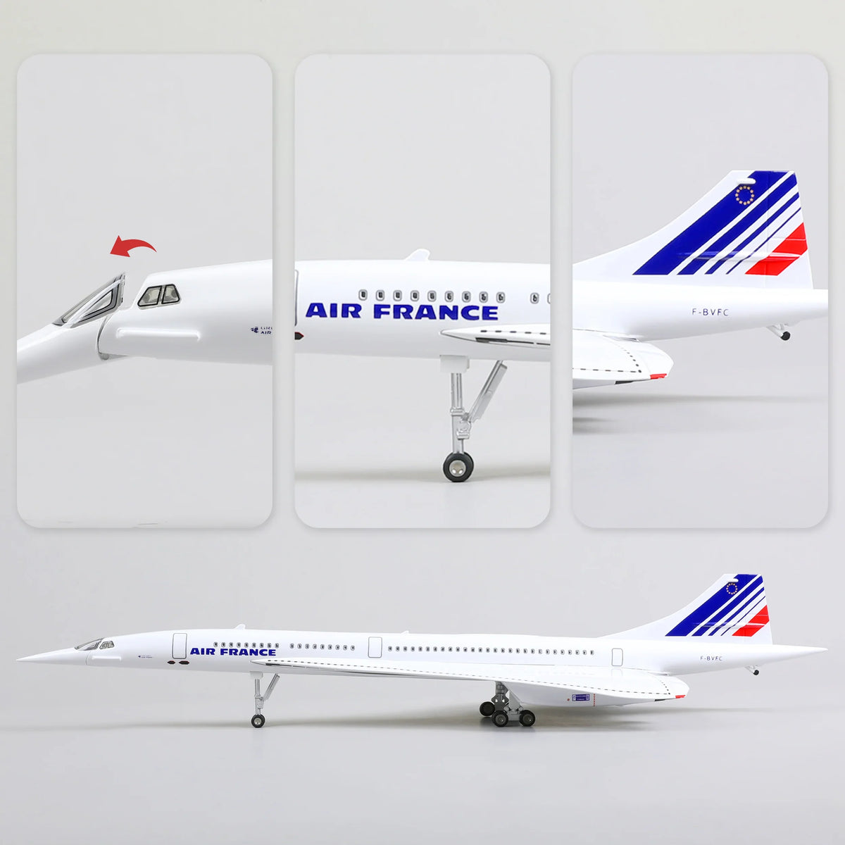 QIYUMOKE Concorde Air France diecast airplane model in white with blue and red accents, side profile view