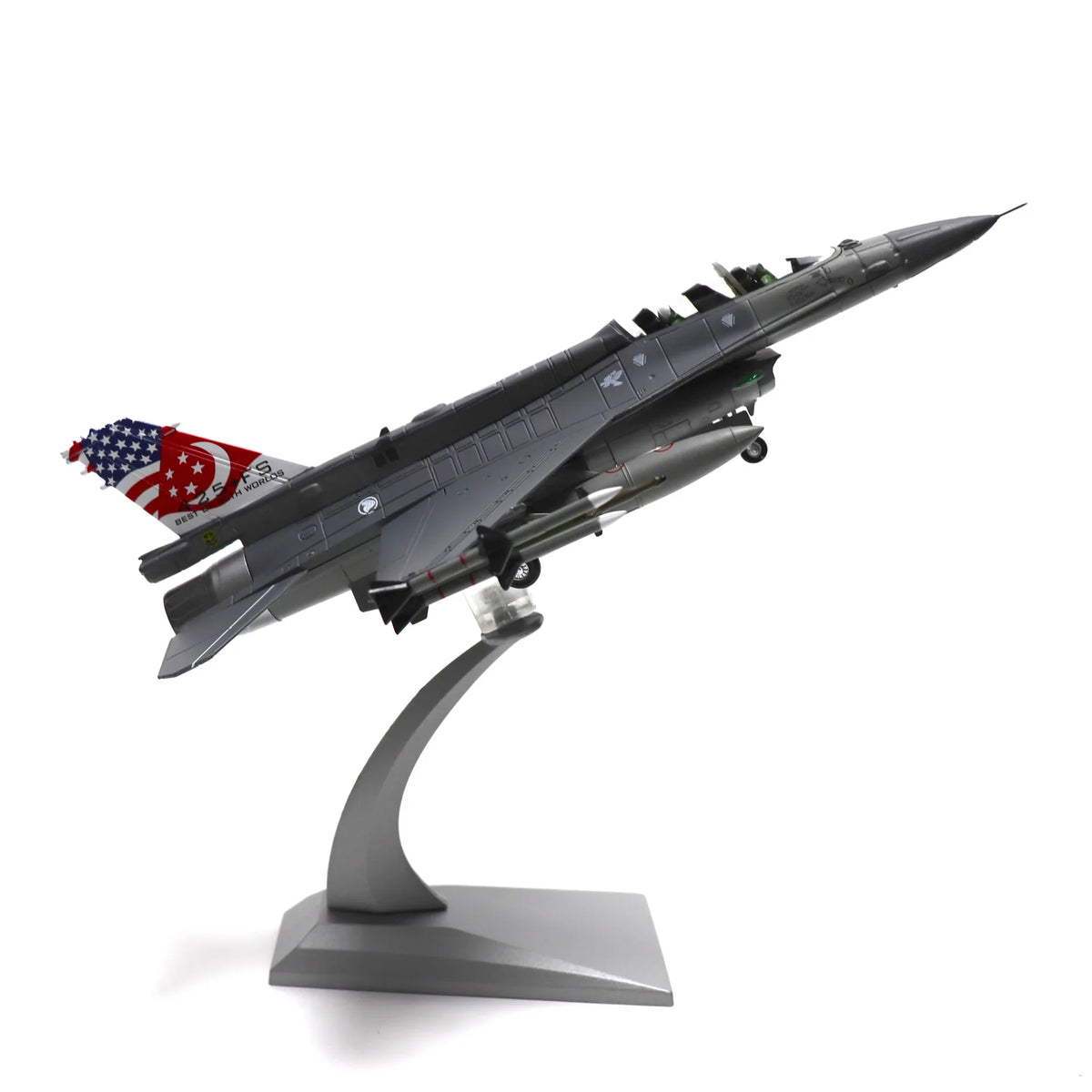 NUOTIE F-16D Fighting Falcon diecast metal model in gray with Singapore flag, displayed on stand, angled view