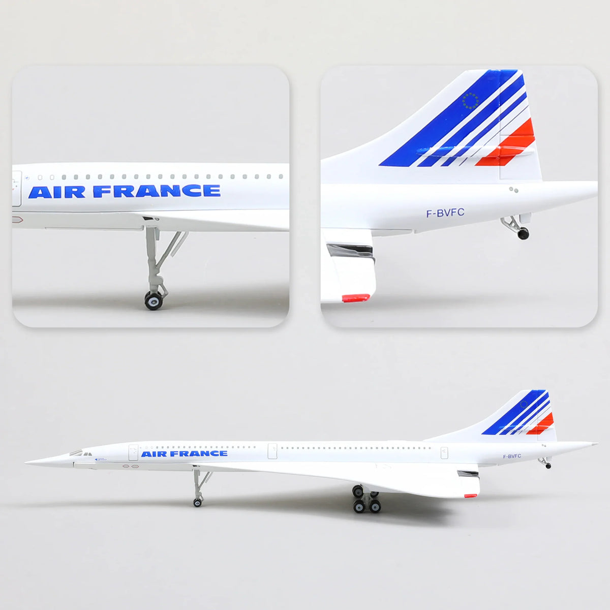 QIYUMOKE Concorde Air France diecast airplane model in white with blue and red stripes, side and rear view.