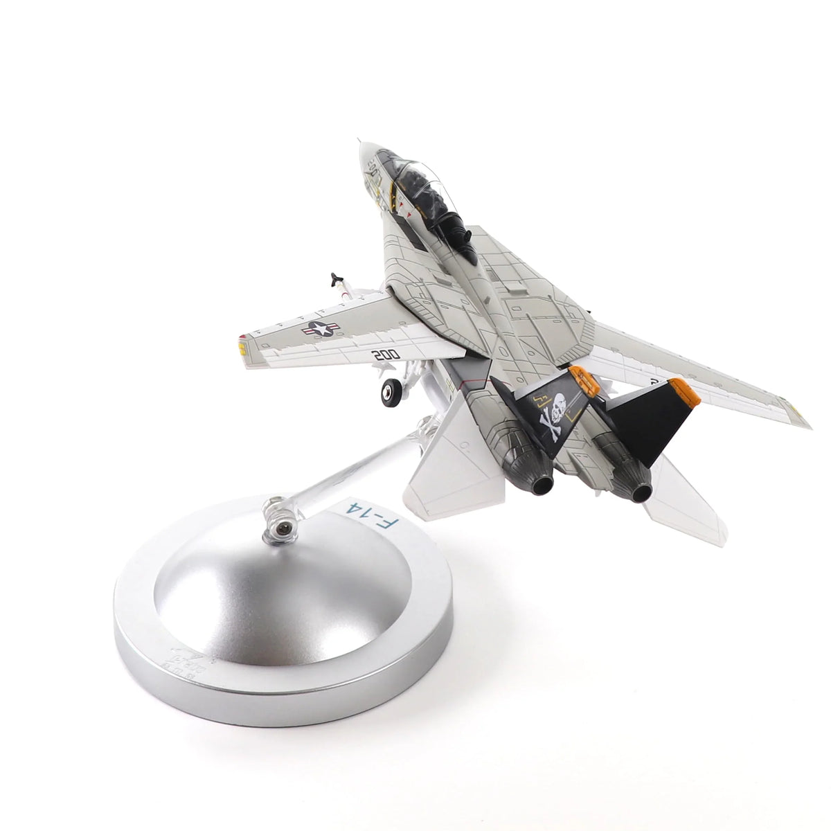 NUOTIE Model F-14A Jolly Rogers fighter model in navy color, rear view on display stand.