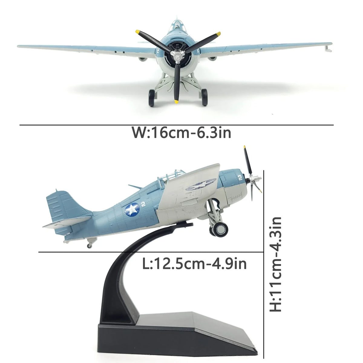 NUOTIE Model 1/72 Scale F4F Wildcat navy aircraft with stand, front view