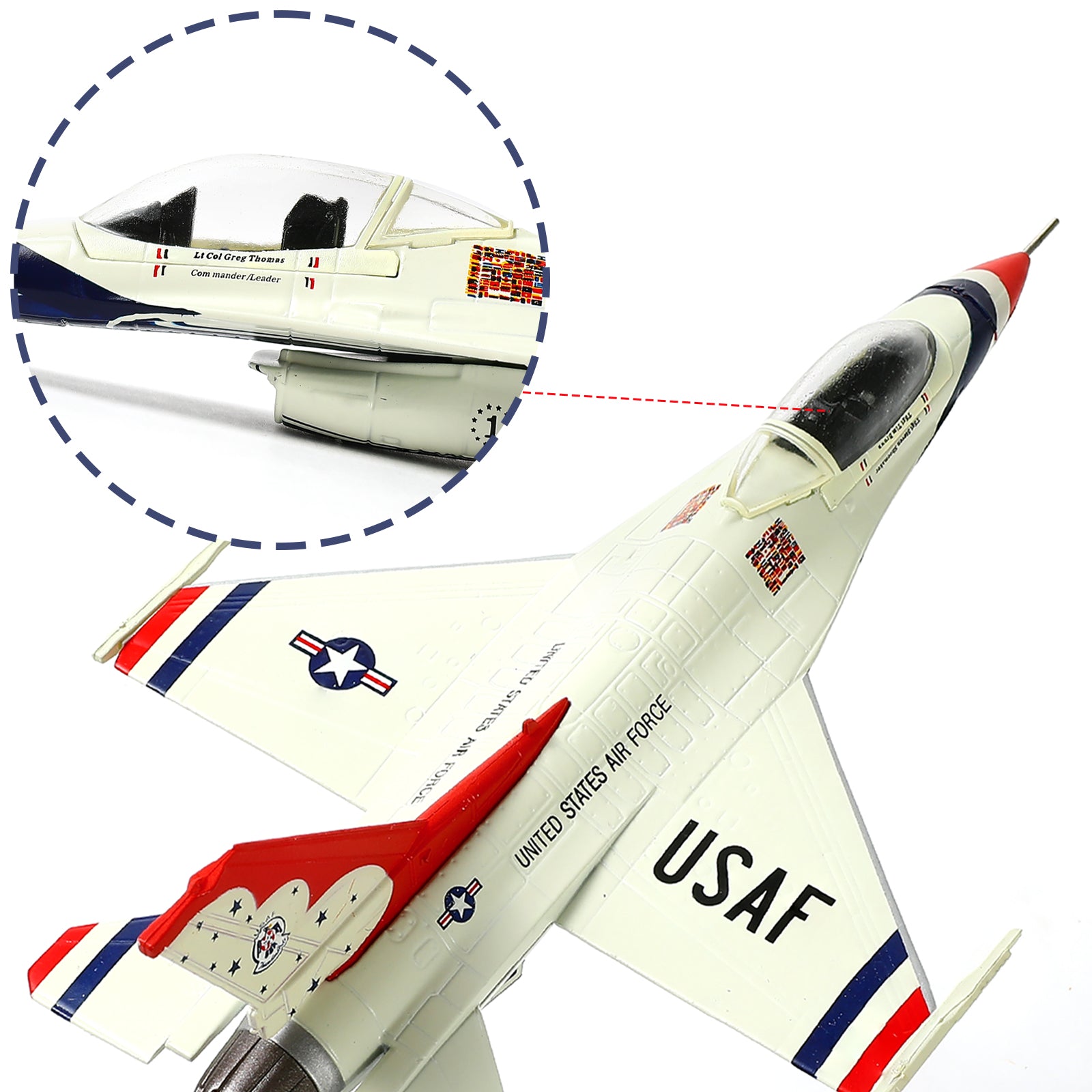 1/100 Scale F-16C Thunderbird Diecast Metal Model - USAF Air Demonstration Jet with Stand
