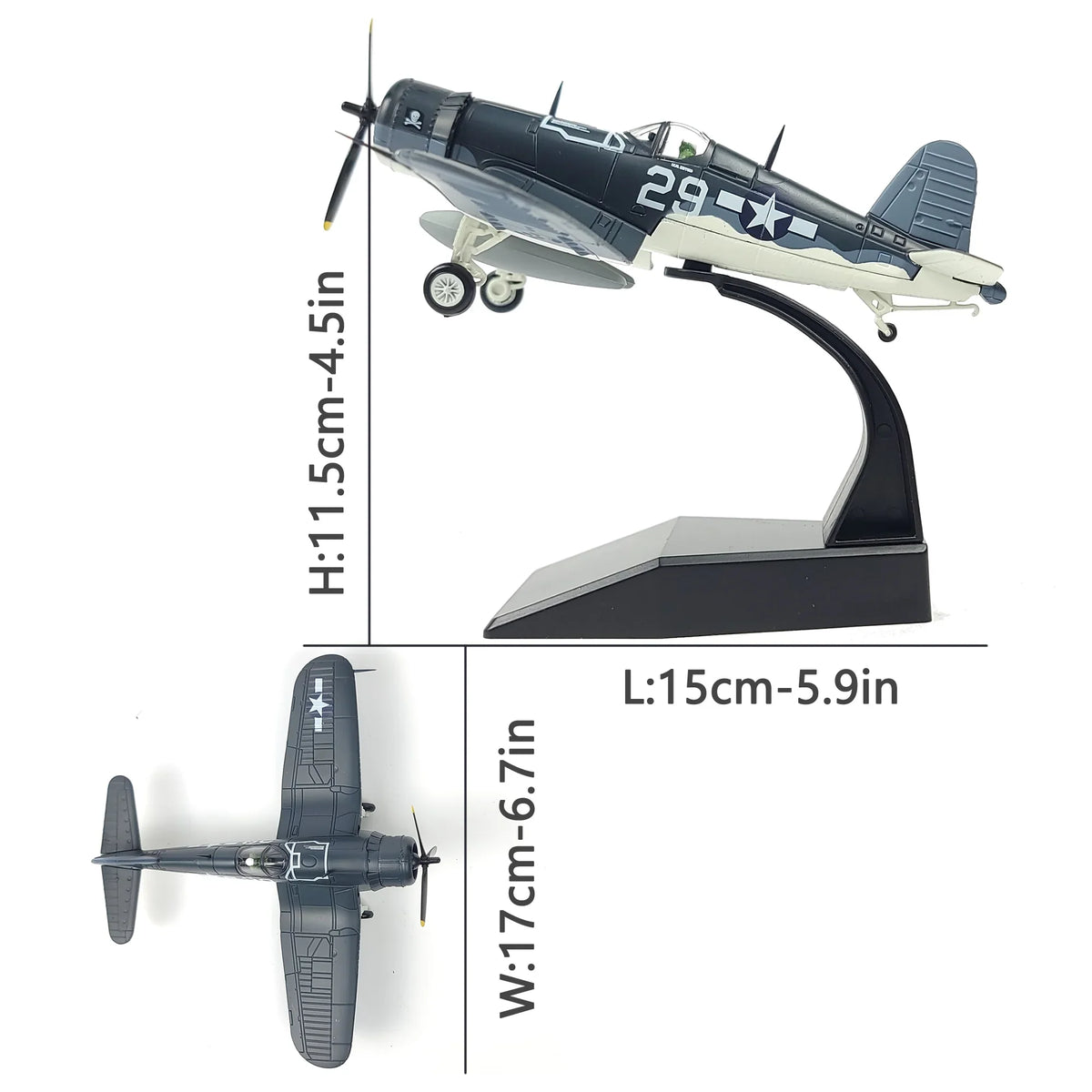 NUOTIE Model F4U Corsair navy diecast metal aircraft model with stand, side profile view