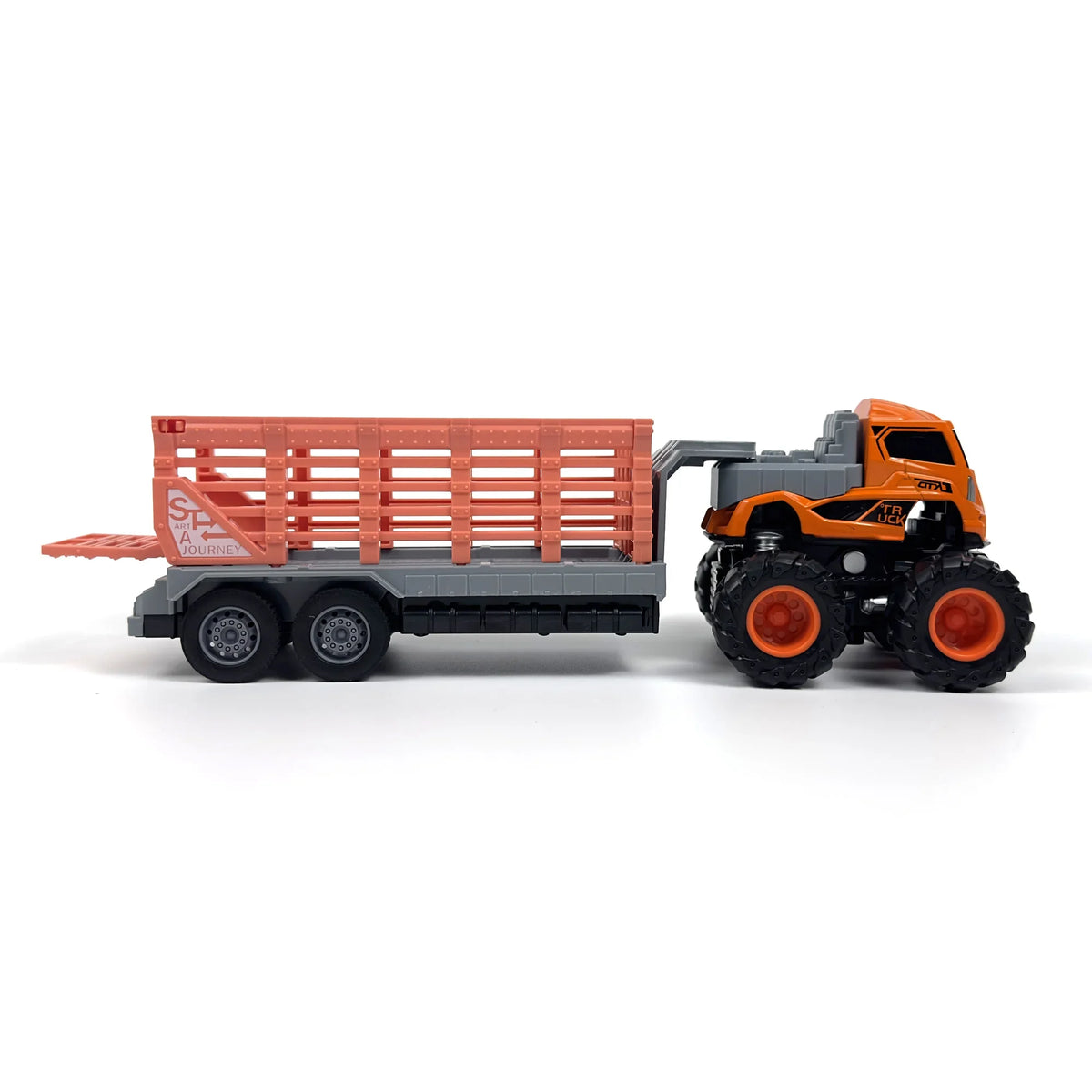 RISOPEN 1:43 die-cast orange dump truck model with a grey hauling trailer