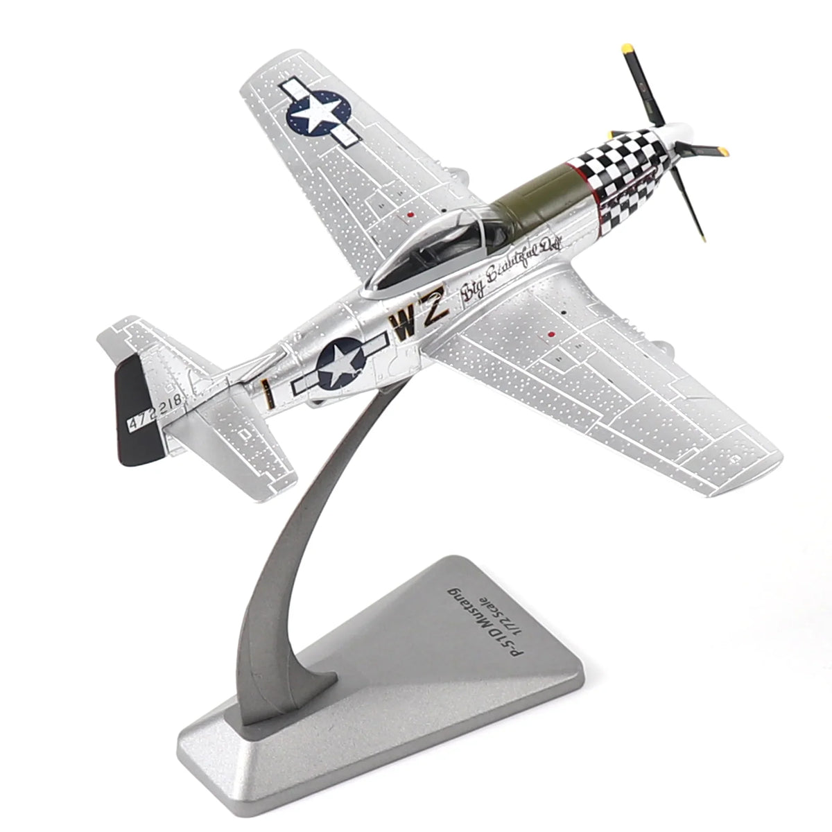 AF1 P-51D Mustang diecast model with checkered nose and silver finish, displayed on a stand.