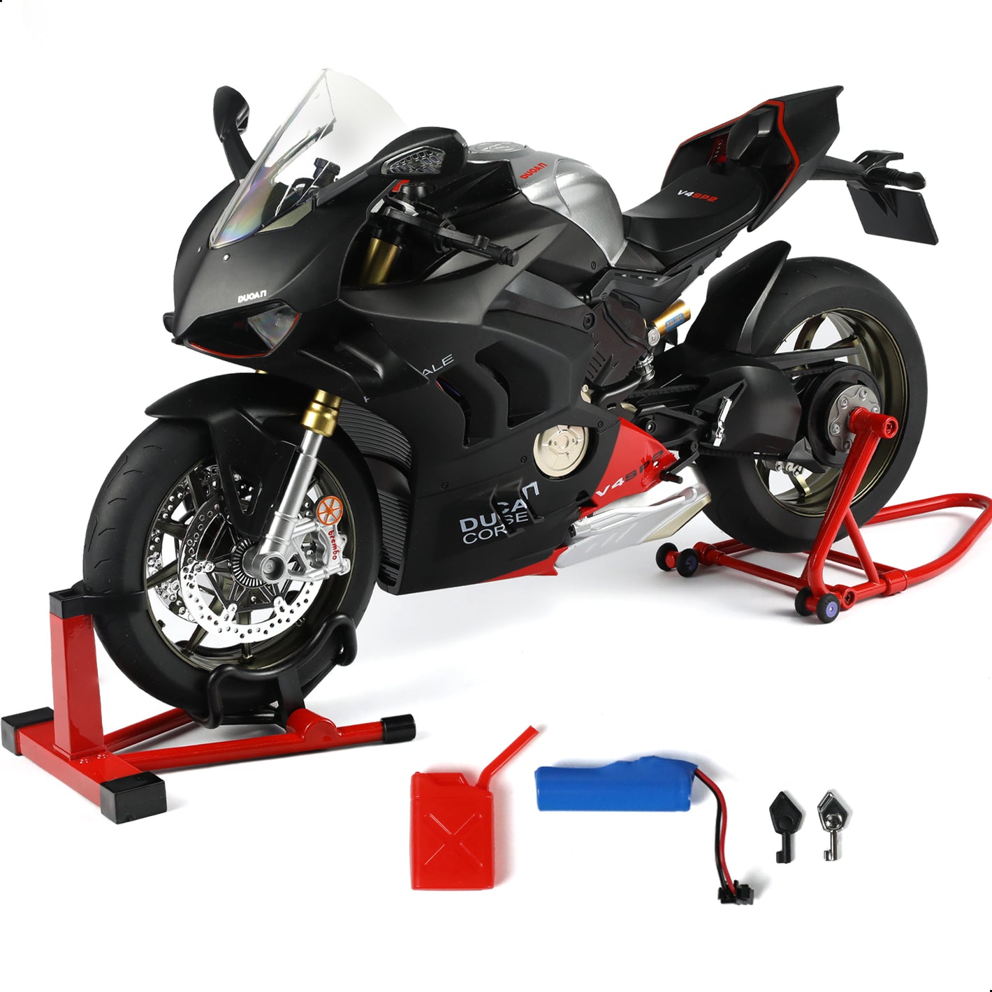 Ducati Panigale V4 SP2 motorcycle model in black with red accents, displayed on a stand with accessories.