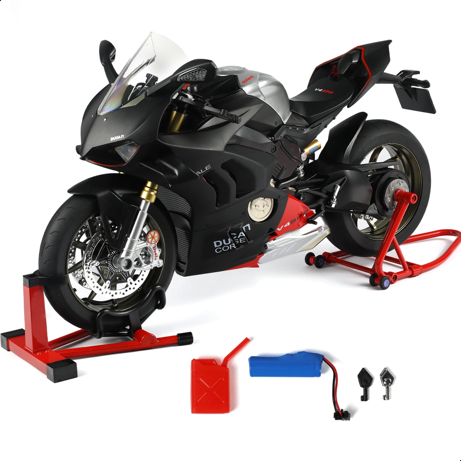 Ducati Panigale V4 SP2 motorcycle model in black with red accents, displayed on a stand with accessories.