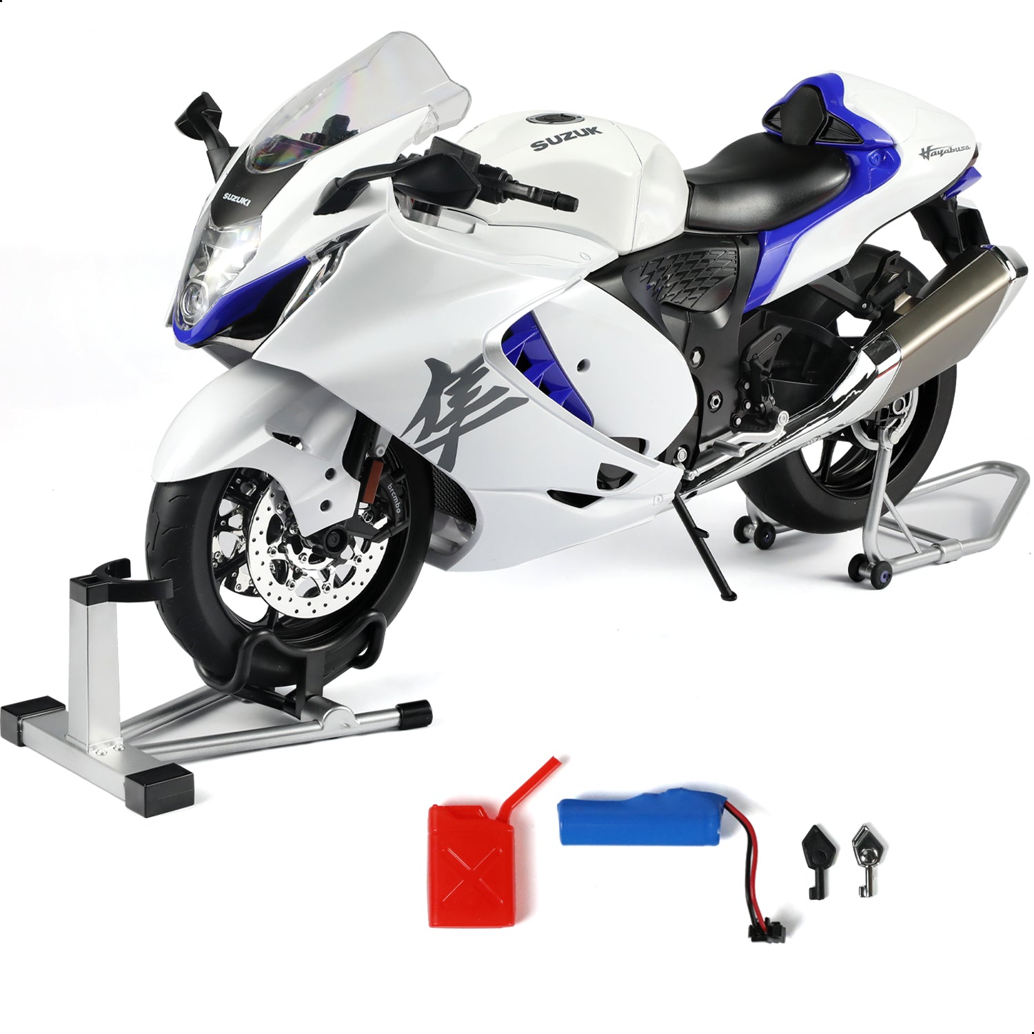 1:6 scale Suzuki Hayabusa motorcycle model in white with blue accents, displayed on a stand with accessories.