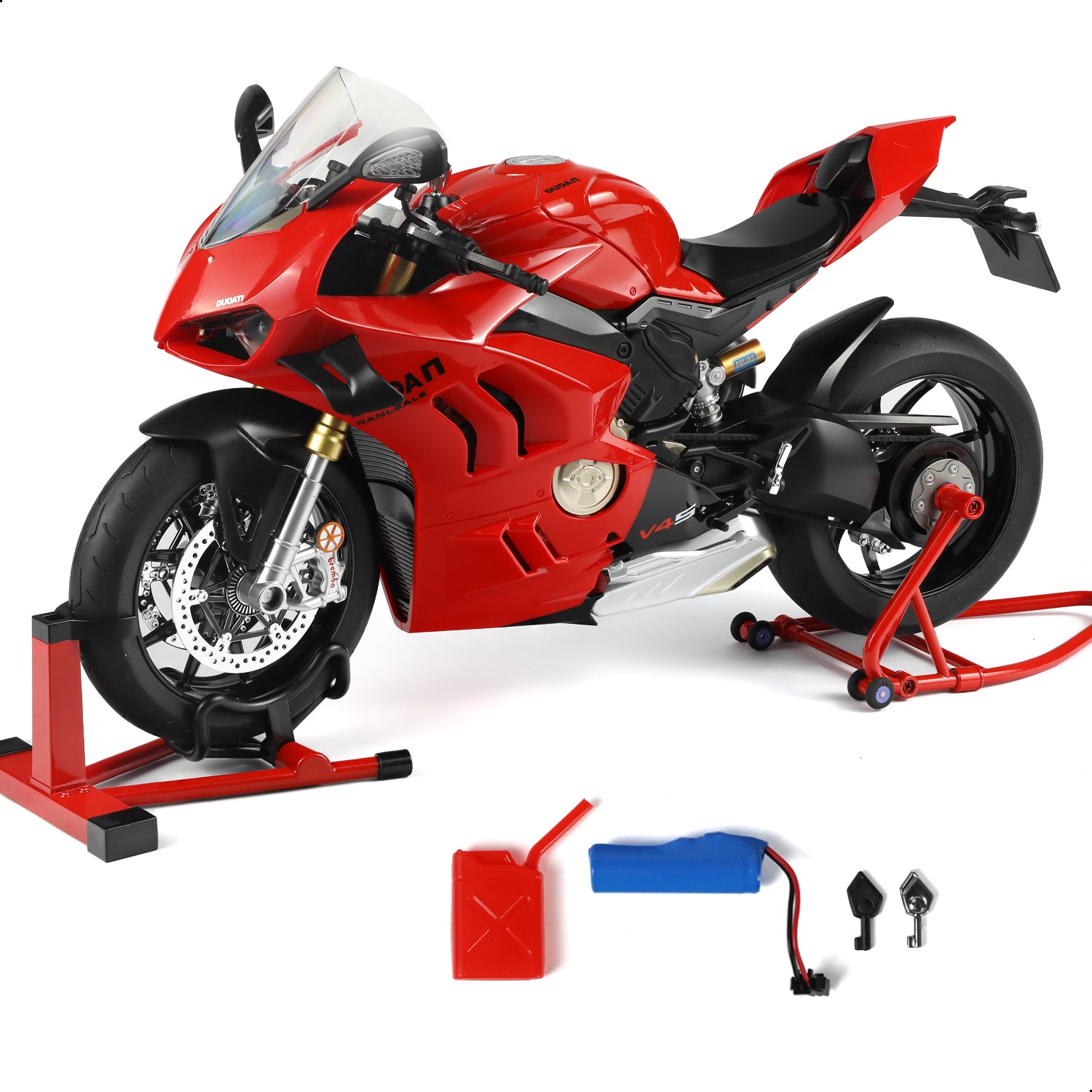 Ducati Panigale V4 SP2 motorcycle model in red with stand and accessories, showcasing detailed design.