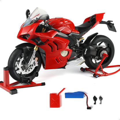Ducati Panigale V4 SP2 motorcycle model in red with stand and accessories, showcasing detailed design.