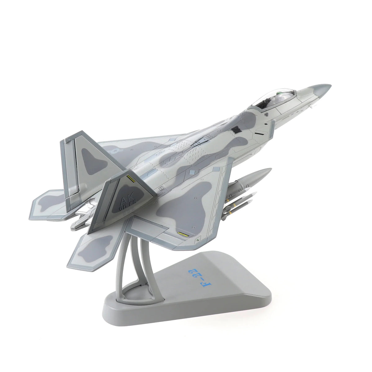 NUOTIE F-22 Raptor diecast metal model in gray with stand, side view
