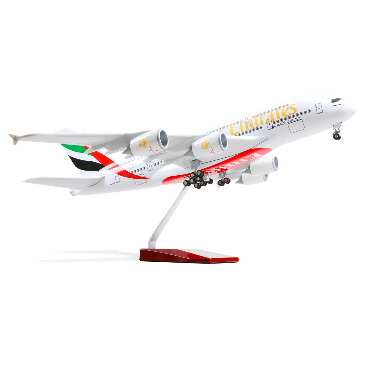 QIYUMOKE Airbus A380 Emirates diecast airplane model in flight position with stand