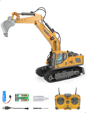 13-Ch RC Excavator with 4 Batteries, Alloy Metal Construction Toy for Boys, Remote Control Vehicle with Water Spray & Sound