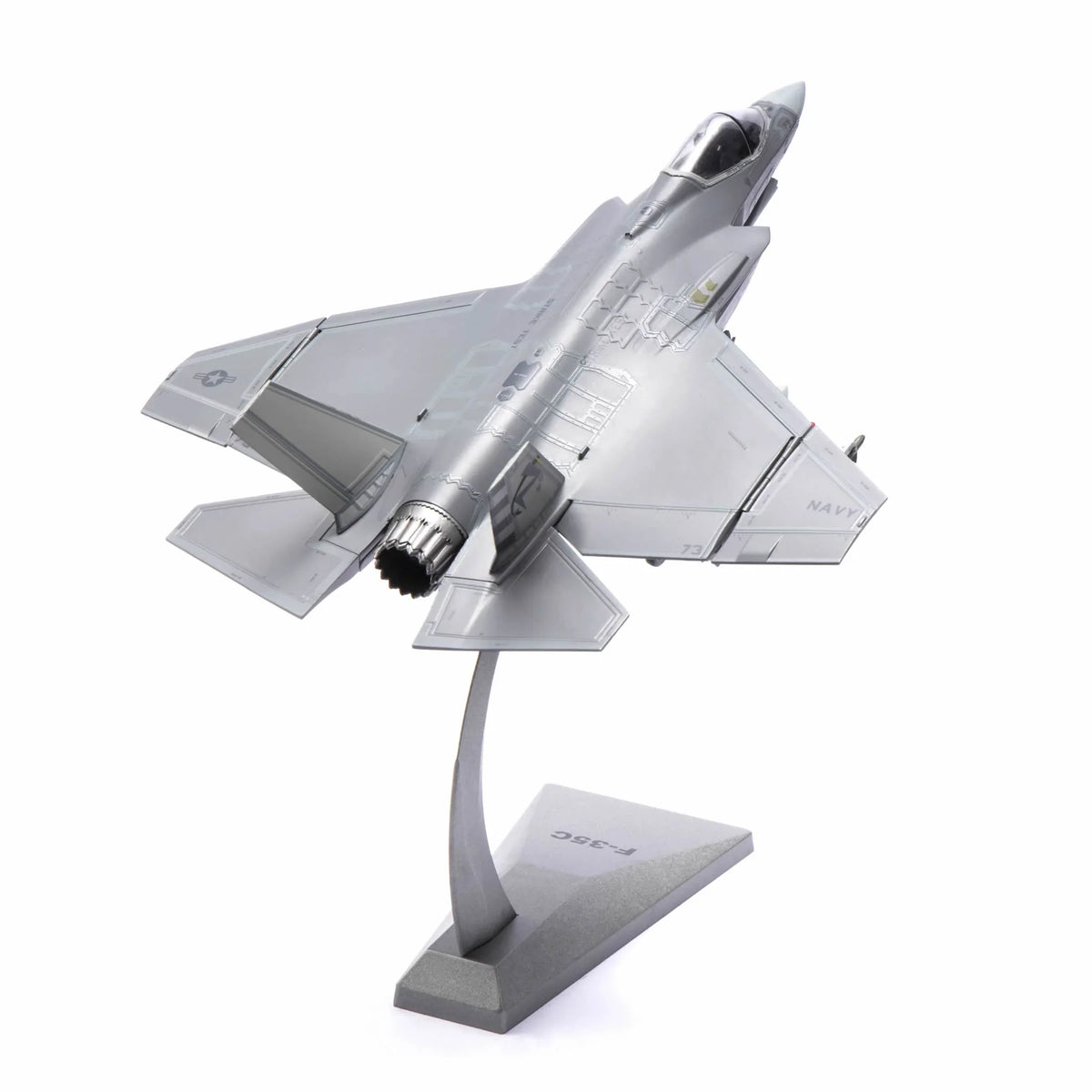 NUOTIE F-35C Lightning II diecast model in navy with stand, top view