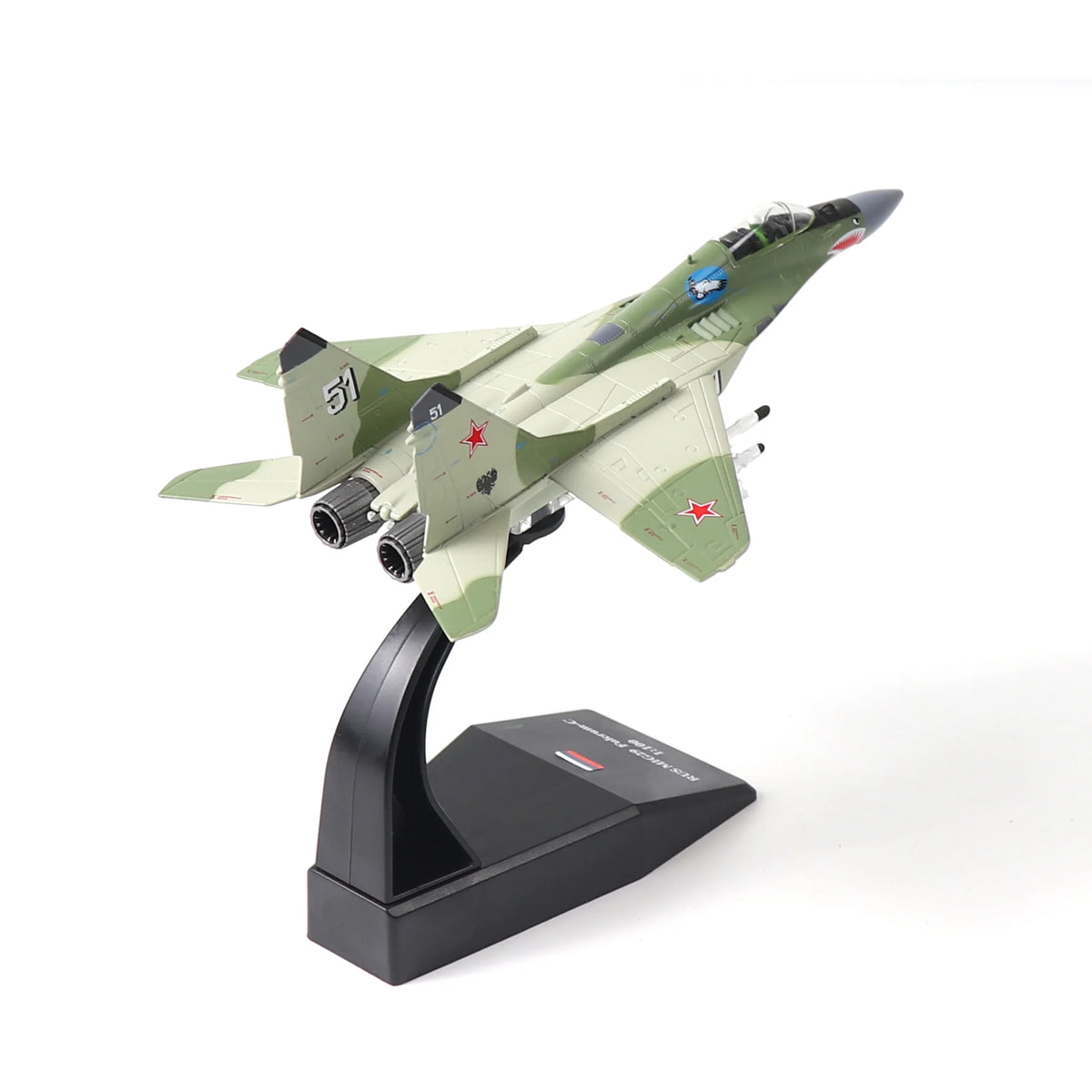 NUOTIE 1/100 Mikoyan MiG-29 Fulcrum diecast model in green with stand, side profile view