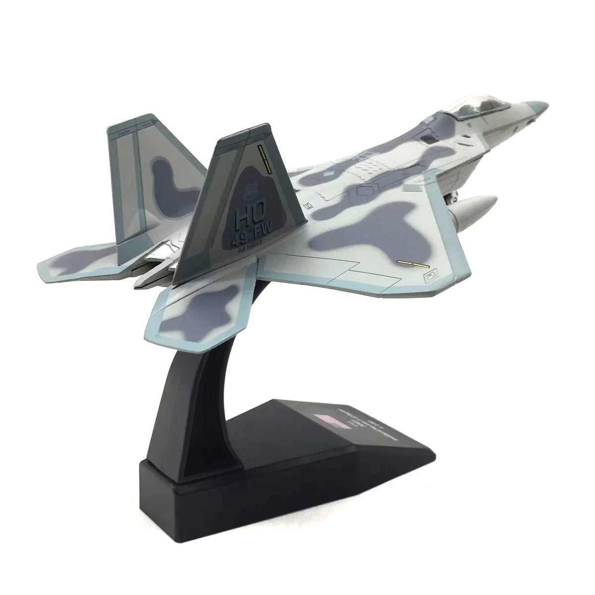 NUOTIE F-22 Raptor diecast metal model with stand, side profile view