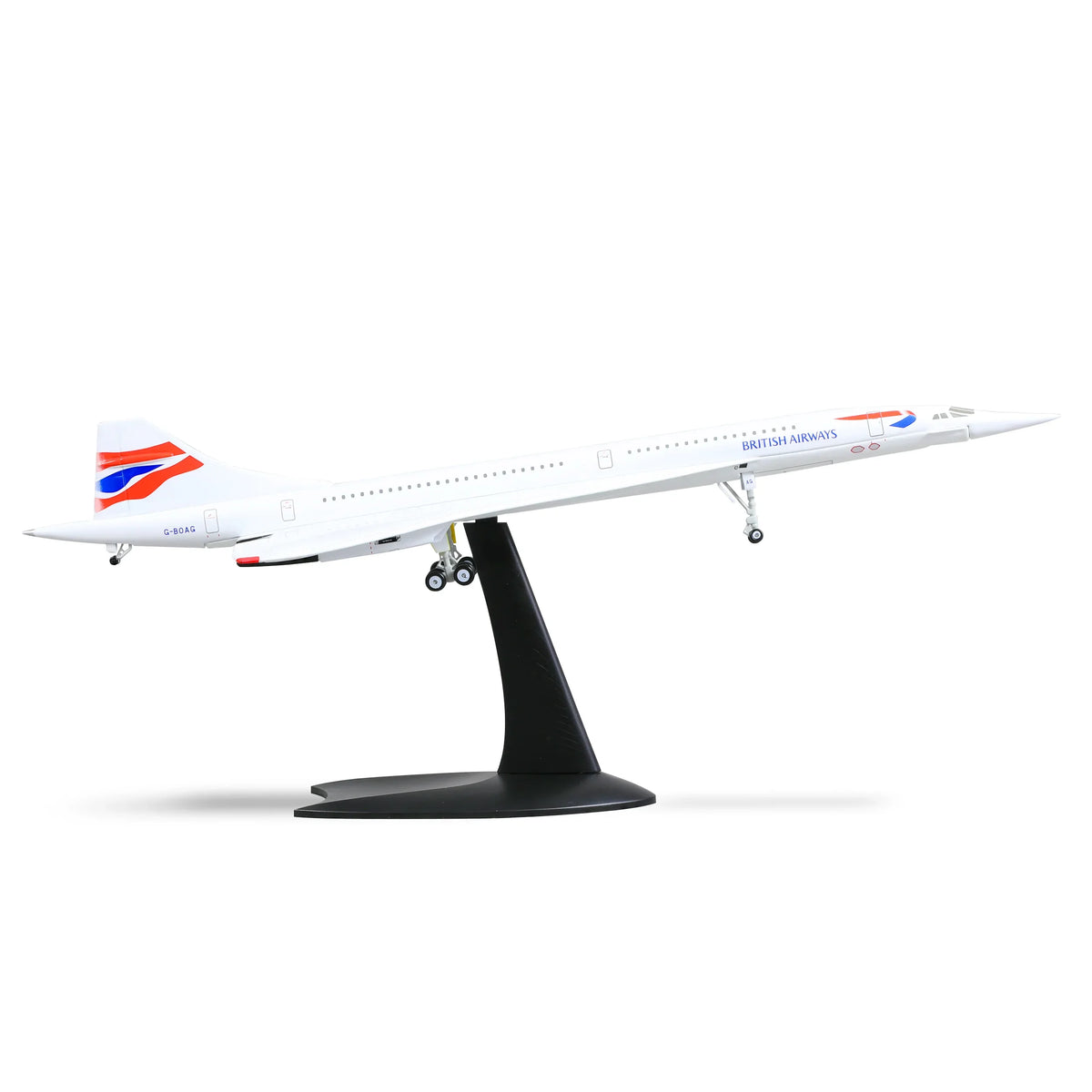 QIYUMOKE 1:200 Aerospatiale/BAC Concorde diecast model aircraft in British Airways livery, displayed on a stand.