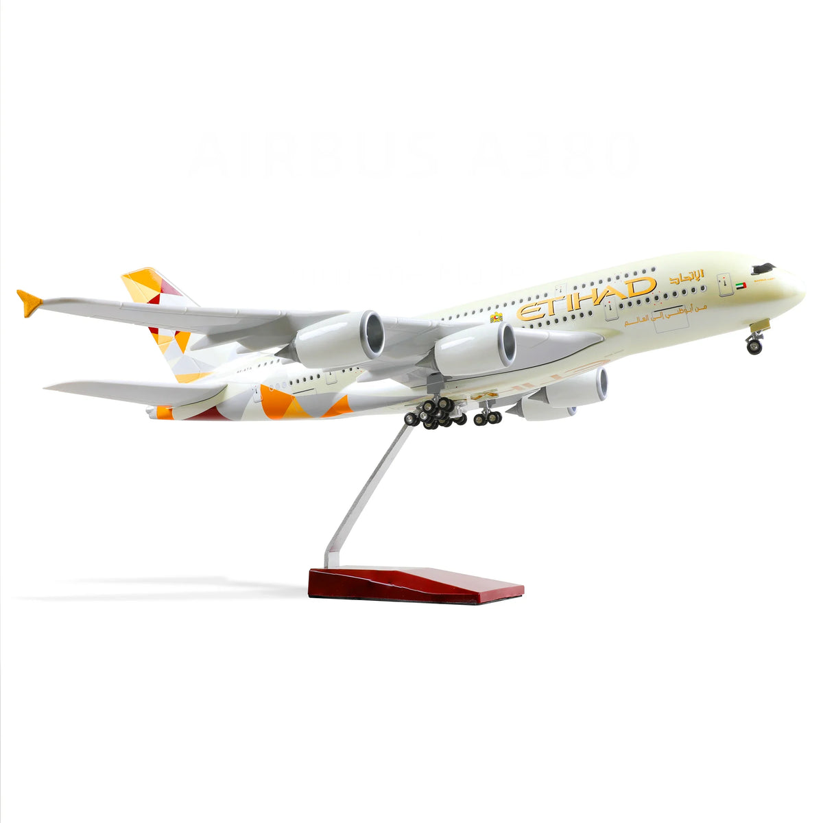 QIYUMOKE Airbus A380 Etihad Airways diecast airplane model in flight position with stand