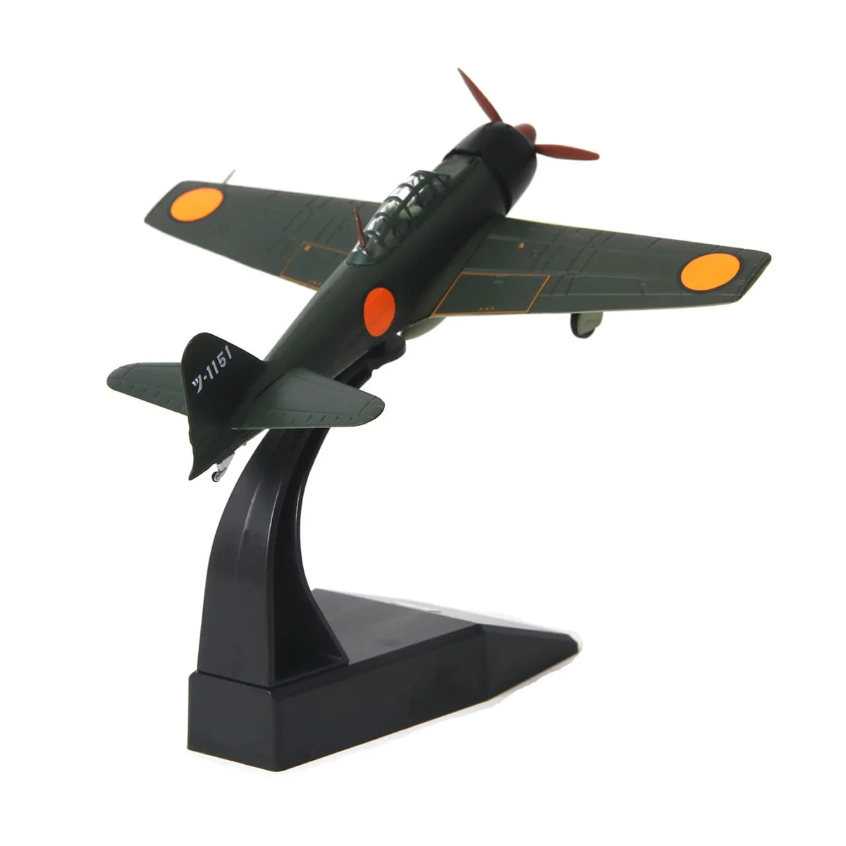 NUOTIE Model 1:72 Diecast Metal Mitsubishi A6M3 aircraft in navy and red, angled view on display stand