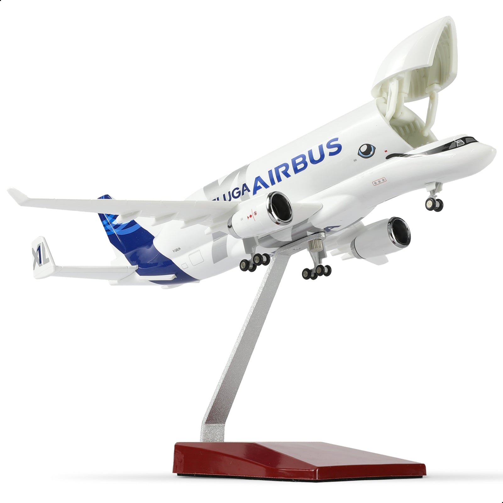 QIYUMOKE A330 Beluga XL1 airplane model kit with openable cabin displayed on a stand.