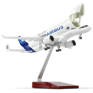 QIYUMOKE A330 Beluga XL1 airplane model kit with openable cabin displayed on a stand.