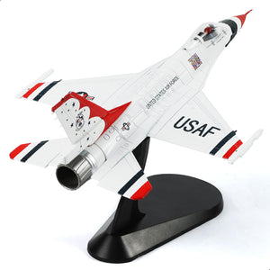 NUOTIE Model F-16C Thunderbird fighter model aircraft in white with red accents, rear view on display stand