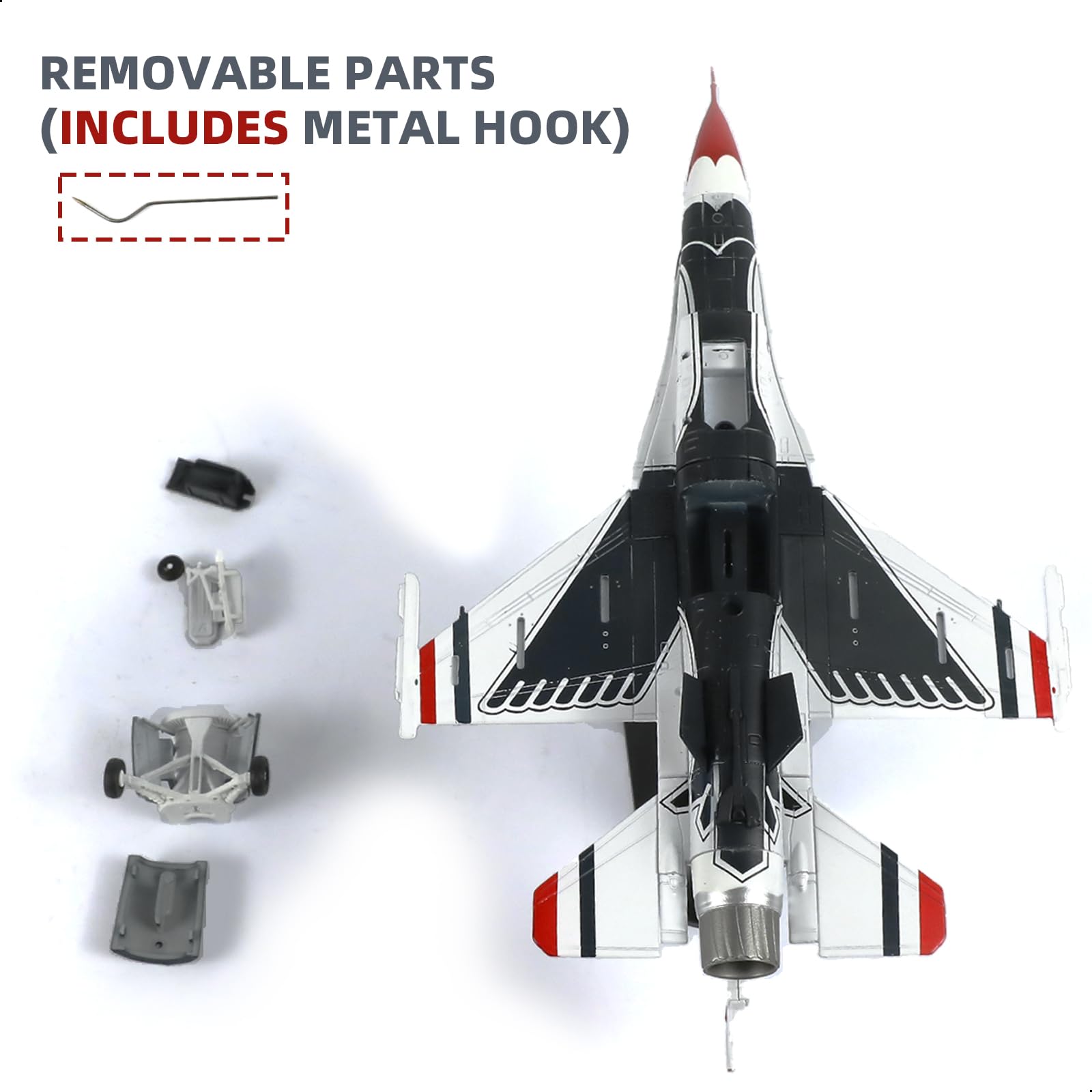 NUOTIE Model F-16C Thunderbird aircraft model with removable parts and metal hook, top view