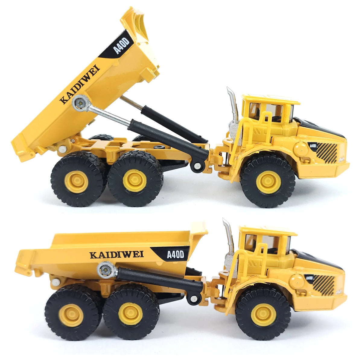 Two views of a RISOPEN 1:50 scale die-cast yellow construction dump truck model.