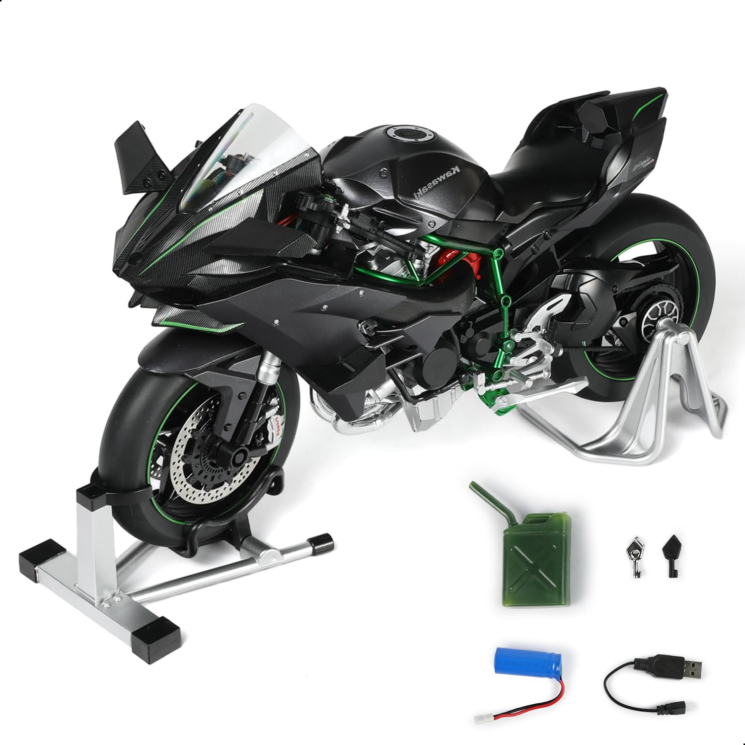 1/9 Kawasaki Ninja H2R Die-cast Motorcycle Model - Sound, Light & Spray Function - Black Metal Collectible