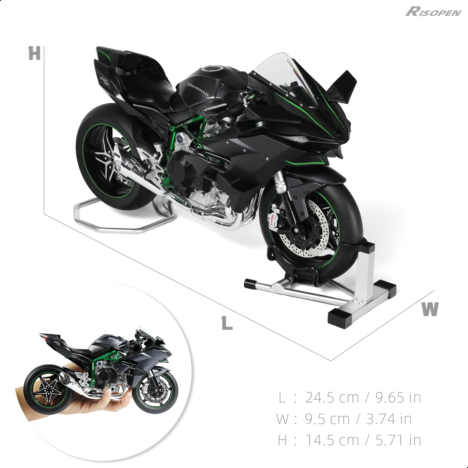 1/9 Kawasaki Ninja H2R Die-cast Motorcycle Model - Sound, Light & Spray Function - Black Metal Collectible