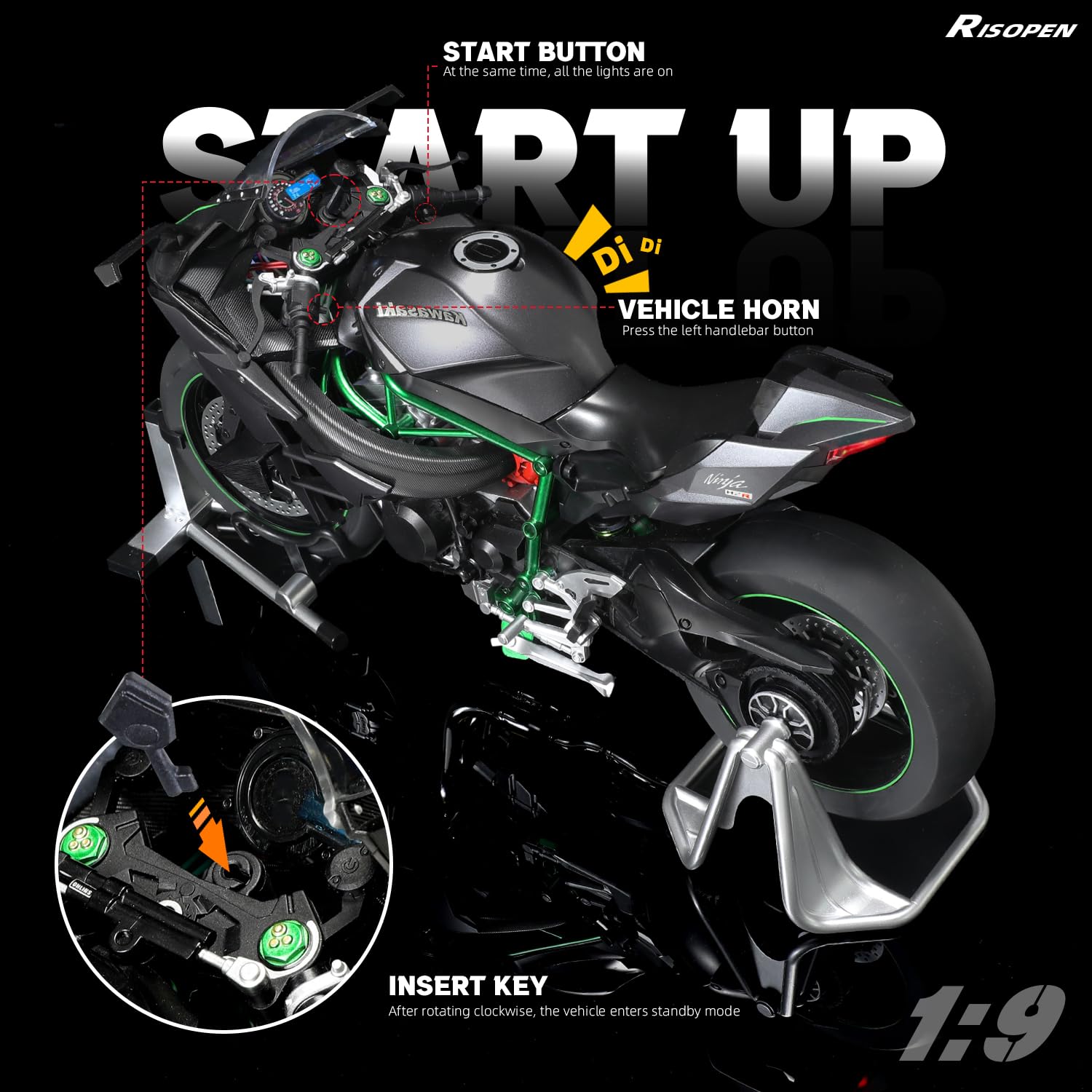 1/9 Kawasaki Ninja H2R Die-cast Motorcycle Model - Sound, Light & Spray Function - Black Metal Collectible