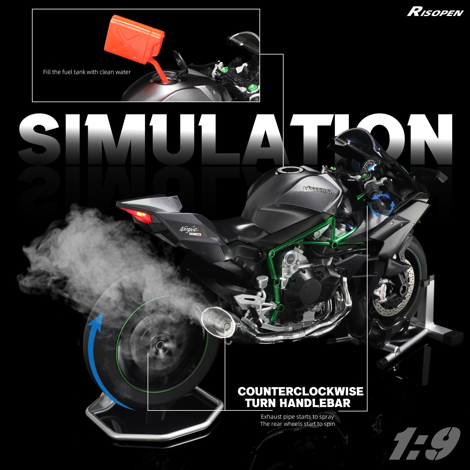 1/9 Kawasaki Ninja H2R Die-cast Motorcycle Model - Sound, Light & Spray Function - Black Metal Collectible