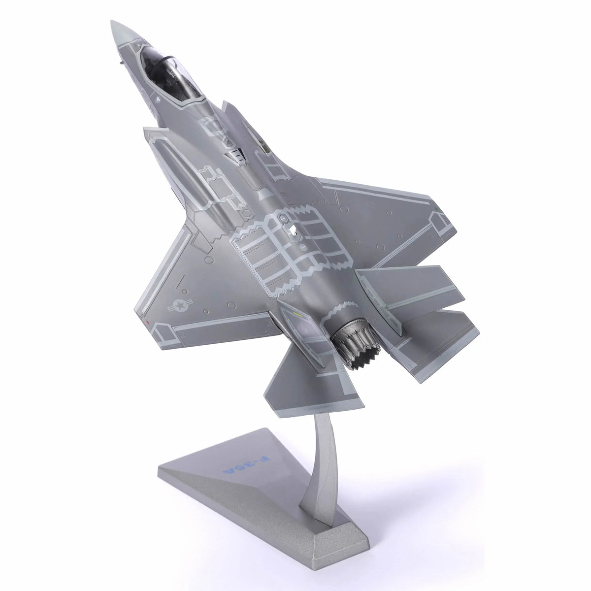 NUOTIE F-35A Lightning II diecast model in gray, top view with stand
