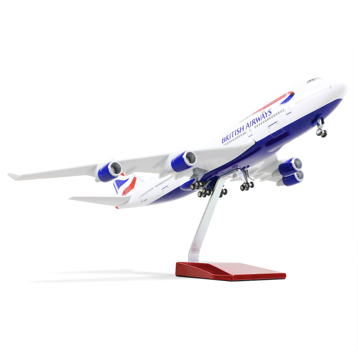 QIYUMOKE Boeing 747 diecast airplane model in British Airways livery, displayed on stand, side profile