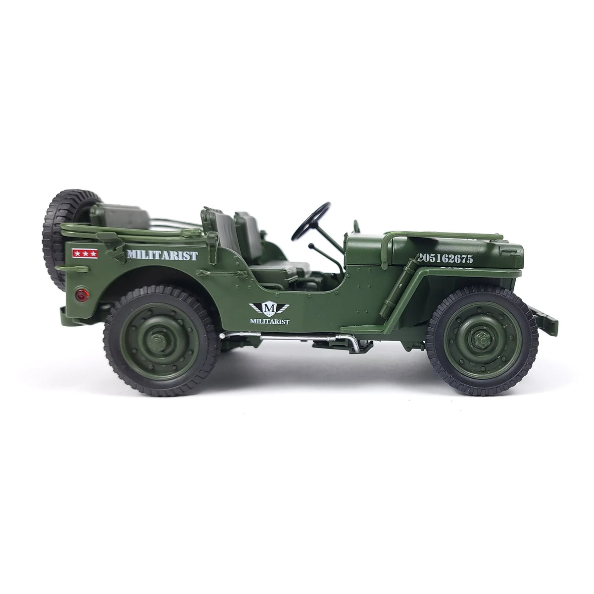 Side profile of the Willys Military Jeep in green with MILITARIST branding and detailed wheels.
