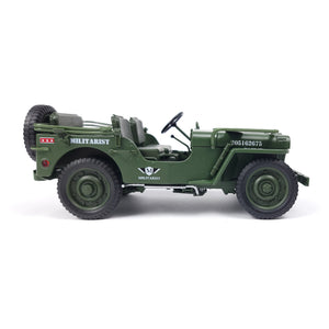 Side profile of the Willys Military Jeep in green with MILITARIST branding and detailed wheels.
