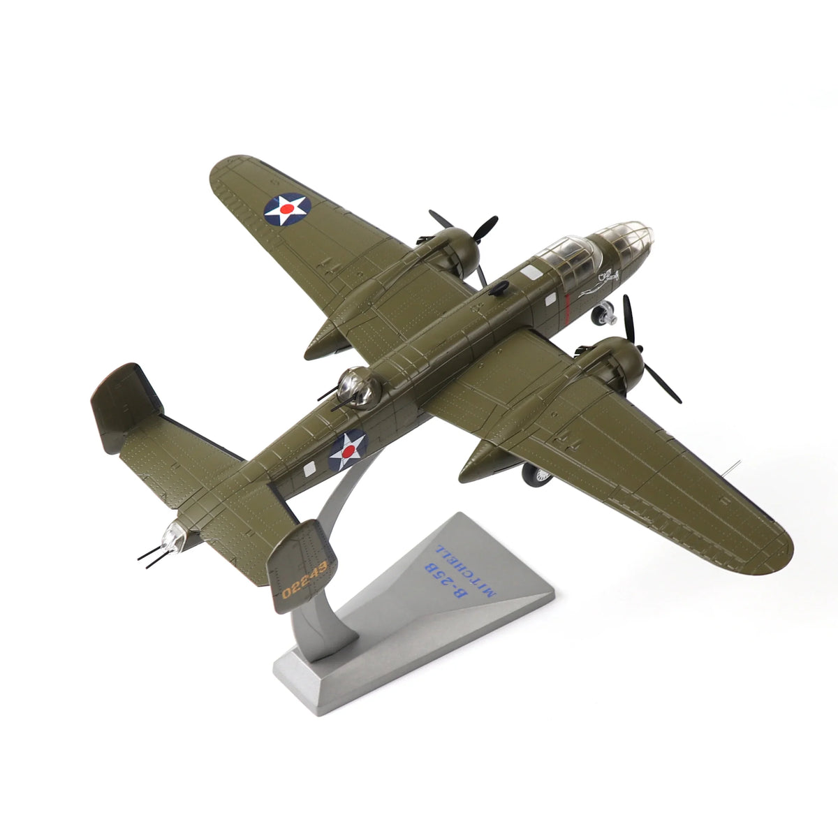 NUOTIE Model B-25B Mitchell diecast metal aircraft in olive green with stand, top view