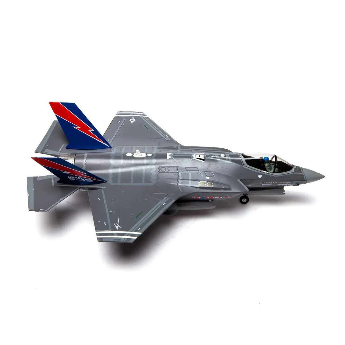 NUOTIE F-35A Lightning II diecast model in navy with stand, overhead view
