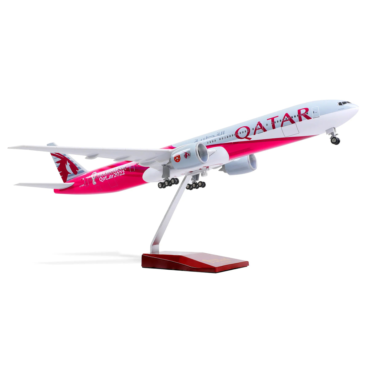 QIYUMOKE Boeing 777-300ER Qatar Airways diecast model in commemorative livery, side view