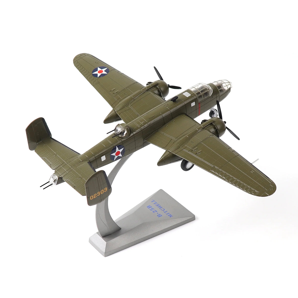 NUOTIE Model B-25B Mitchell diecast model aircraft on stand, angled view