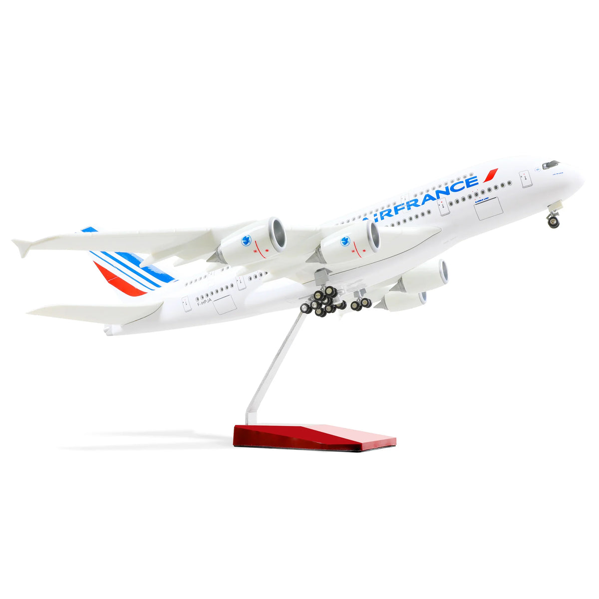 QIYUMOKE Airbus A380 model in Air France livery, displayed on a stand, side view.
