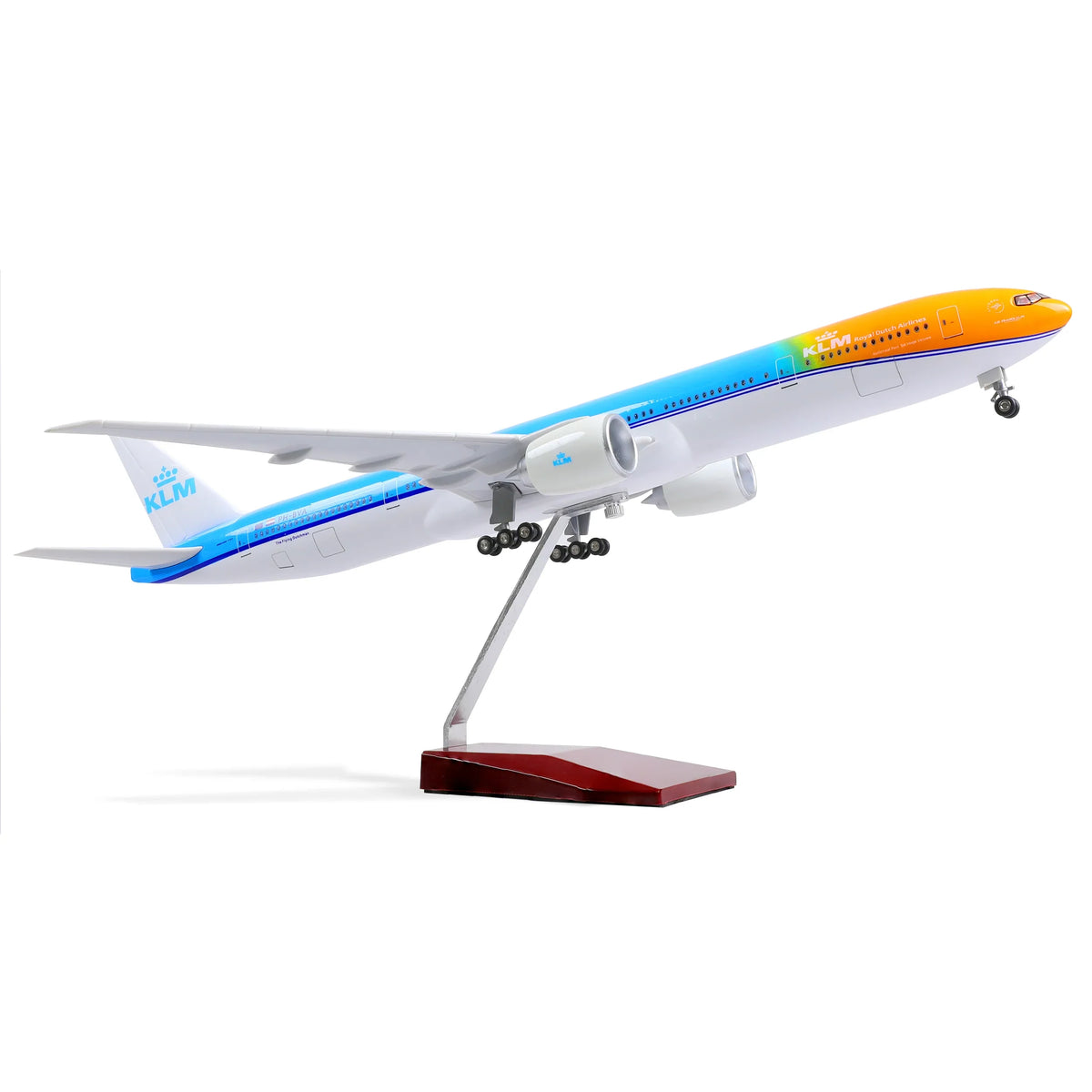 QIYUMOKE Boeing 777-300ER model in orange and blue, side profile view with stand