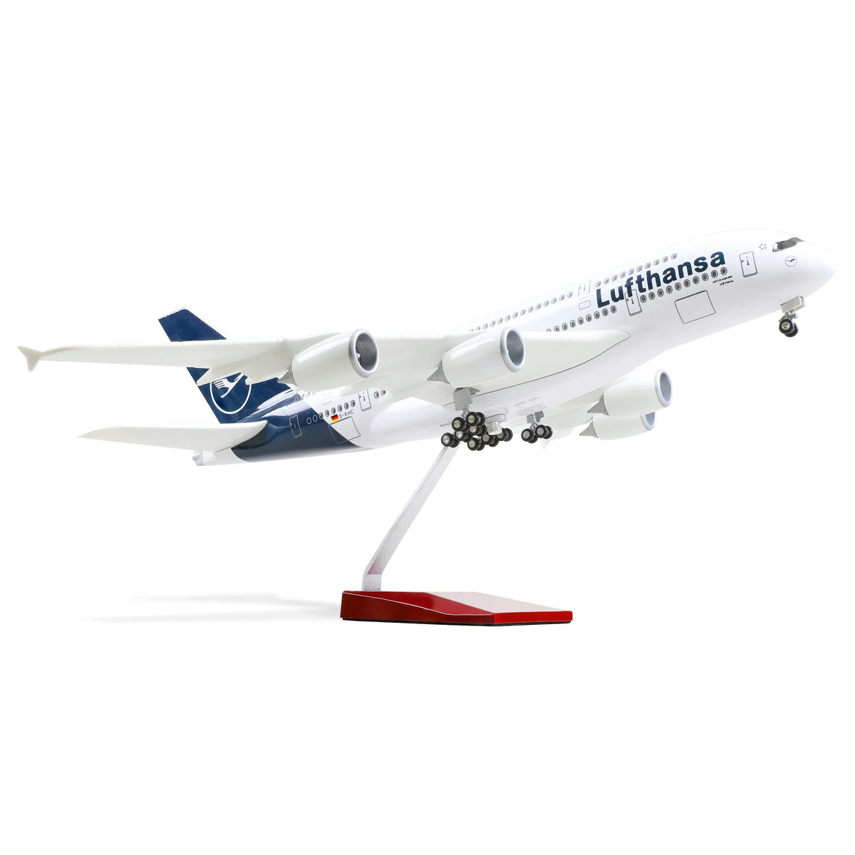 QIYUMOKE Airbus A380 Lufthansa diecast airplane model in flight position with stand