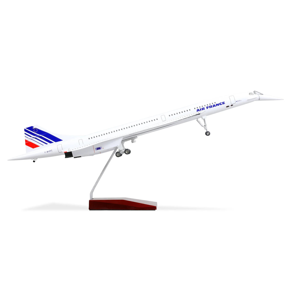 QIYUMOKE Concorde Air France diecast airplane model in flight position on display stand