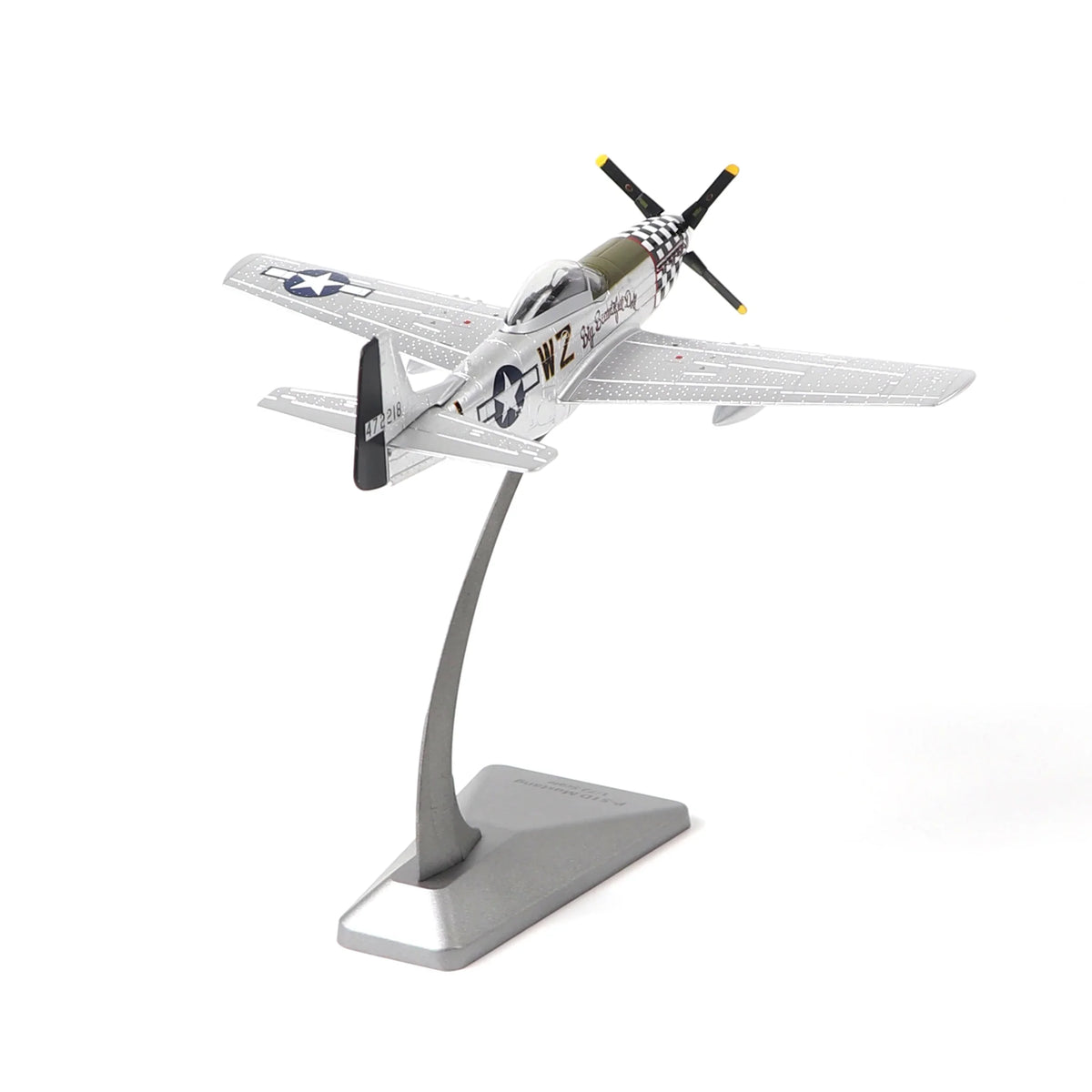 AF1 P-51D Mustang diecast model with silver finish and checkered nose, shown from the rear on a stand.