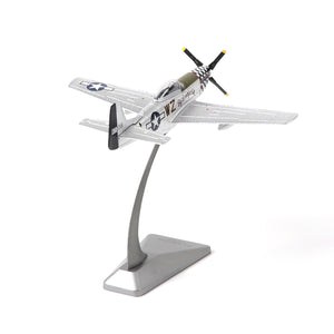 AF1 P-51D Mustang diecast model with silver finish and checkered nose, shown from the rear on a stand.