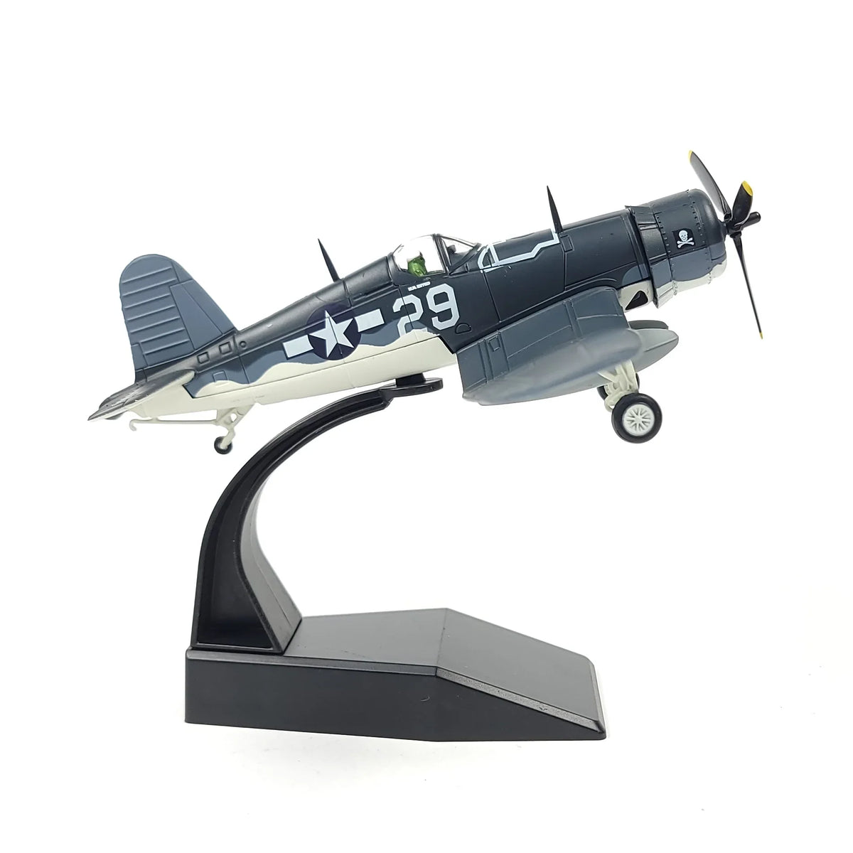 NUOTIE Model 1/72 Scale F4U Corsair navy aircraft on stand, angled view